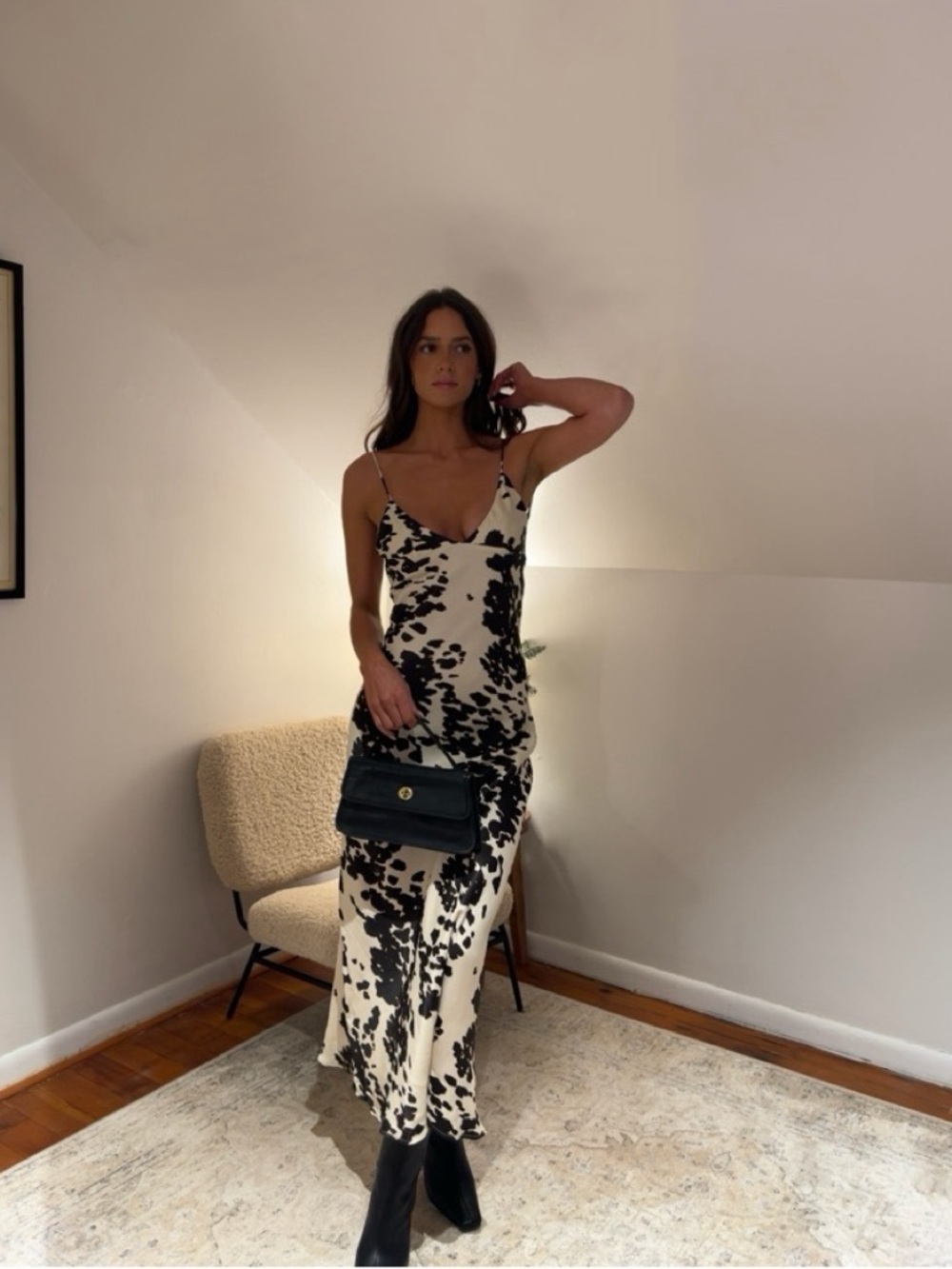 Zara Black and cream Cow-Print Slip Midi Dress